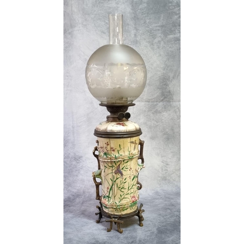 430 - Late 19th/early 20th Century probably French oil burner lamp, now converted to electricity, the etch... 