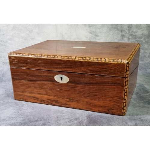 432 - 19th Century rosewood writing slope, the top centrally inlaid with mother of pearl and having mixed ... 