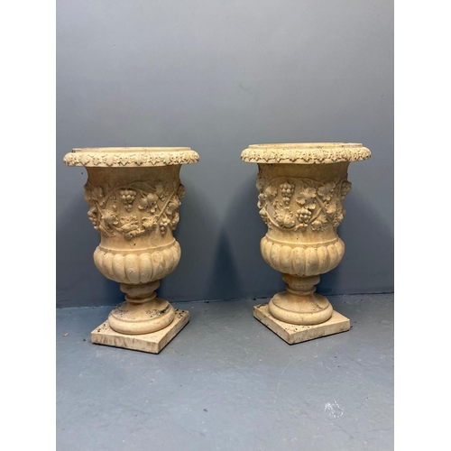 453 - Pair of 19th century style composition Campana shaped planters, overall decorated with relief vines ... 