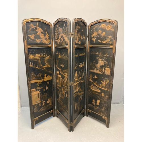 69 - Chinoiserie gilded and lacquered four section folding screen, one side depicting birds amongst prunu... 