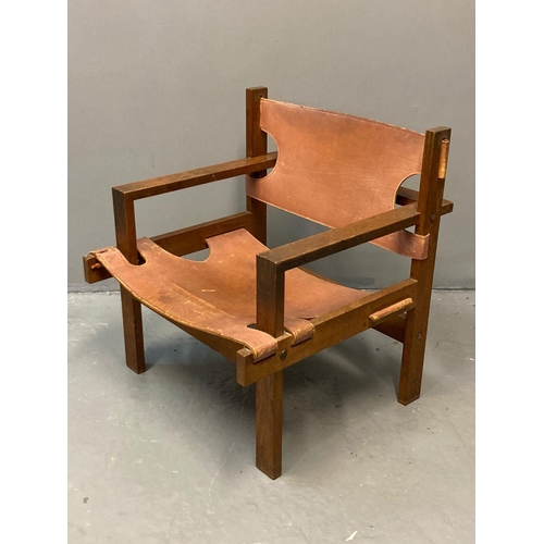 77 - Unusual 'Spanish Style' oak designer armchair having leather back and seat by Icefurn, Icelandic fur... 