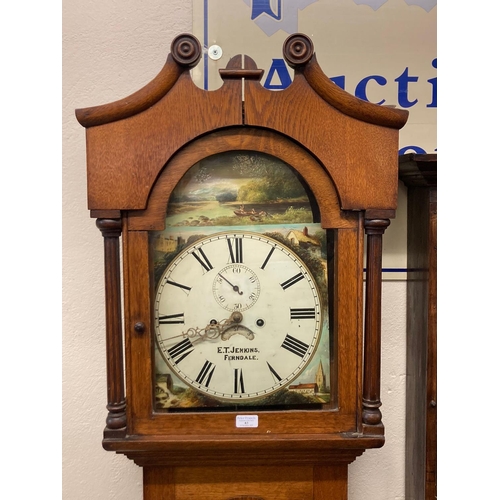 83 - 19th century Welsh oak eight day long case clock marked E T Jenkins, Ferndale, having broken swan ne... 