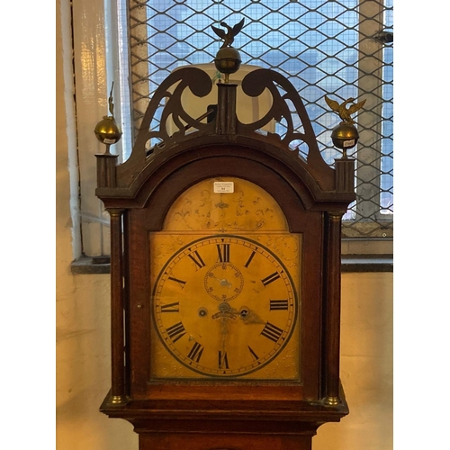 84 - 19th century oak  eight day long case clock having fretwork pediment above arched aperture flanked b... 