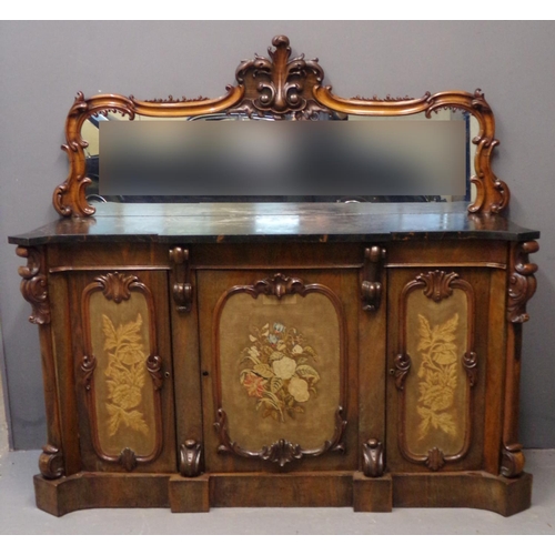 2 - Victorian rosewood mirror back sideboard, the ornately carved back above a shaped black veined marbl... 