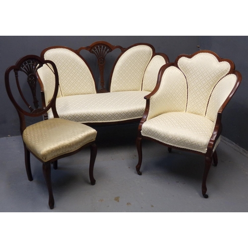 3 - Edwardian mahogany parlour suite, of cloud back design comprising; two seater sofa, pair of armchair... 