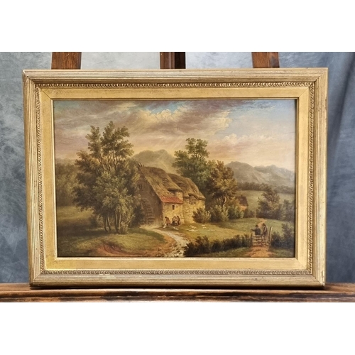 151 - 19th century British School, figures near a thatched Welsh watermill, oils on panel.  27x40cm approx... 