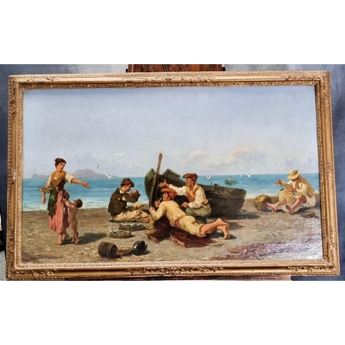 160 - De Vino (Italian school, 19th Century), fisher folk on a beach, signed, oils on canvas. 54 x 89cm ap... 