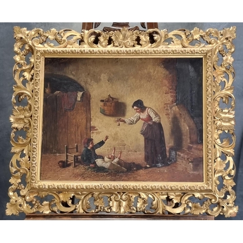 161 - Italian School (19th Century), mother and children in a rustic cottage, oils on canvas. 47 x 59cm ap... 