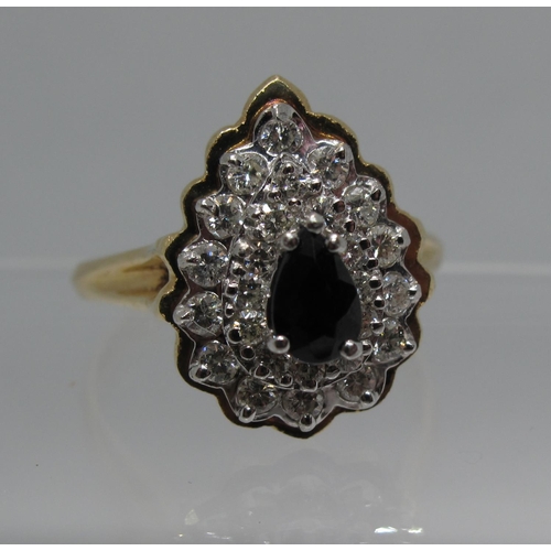 345 - 14ct gold diamond and sapphire pear shaped ring.  Ring size T.  Approx weight 4.9 grams.
(B.P. 21% +... 