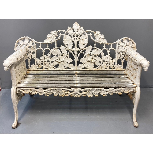 452 - Good Victorian Coalbrookdale style cast iron garden bench, the shaped back with pierced oak and ivy ... 