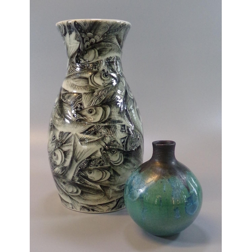 11 - Modern Art pottery vase of mallet shaped form, overall with a shoal of fish. 24cm high approx. Toget... 