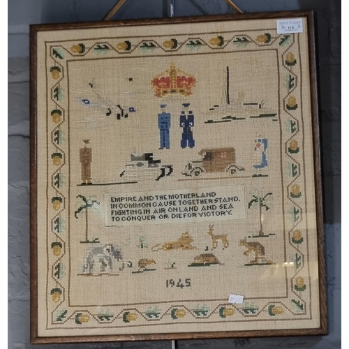 118 - An unusual dated World War II period tapestry sampler 'Empire and the Motherland in common cause tog... 