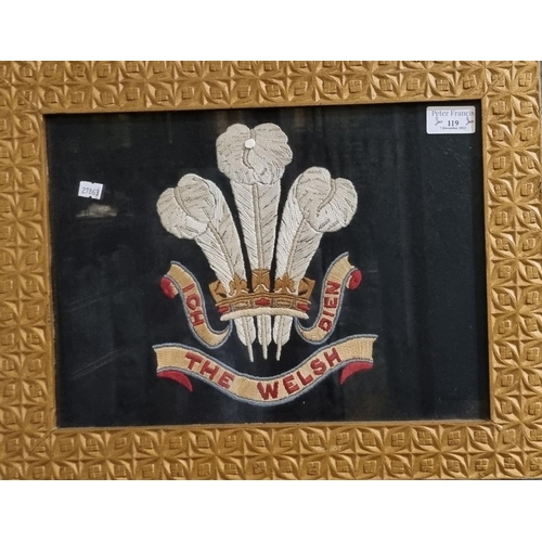 119 - Embroidered Welsh Regimental Prince of Wales crest. 25 x 35cm approx. Framed and glazed.
(B.P. 21% +... 