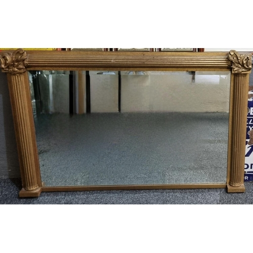 122 - Regency style gilded wooden bevel plate over mantel mirror, having reeded columns and foliate and sc... 