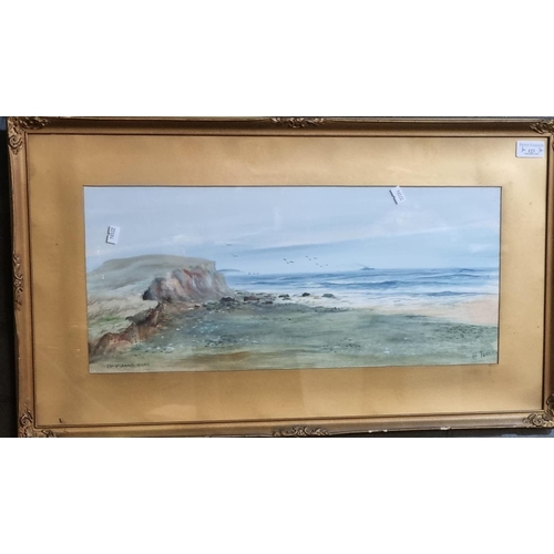 123 - H Turner, 'Christchurch Head', beach scene with distant needles and ship, signed, watercolours. 24 x... 