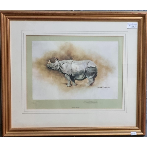 124 - After David Shepherd, 'Indian Rhino', signed, limited edition print. The image 21.5 x 31cm approx. F... 