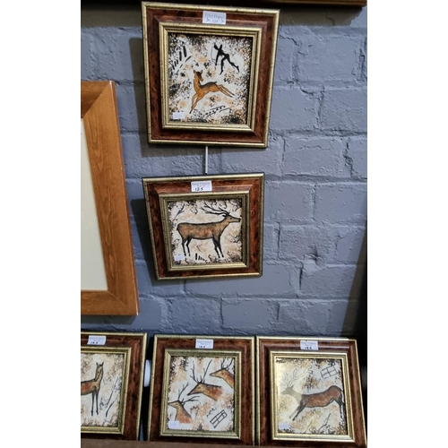 125 - A group of framed hand painted ceramic tiles emulating cave paintings depicting animals. 13.5 x 14cm... 