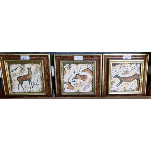 125 - A group of framed hand painted ceramic tiles emulating cave paintings depicting animals. 13.5 x 14cm... 