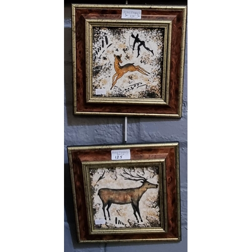 125 - A group of framed hand painted ceramic tiles emulating cave paintings depicting animals. 13.5 x 14cm... 