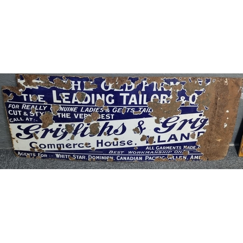 128 - Large single sided enamel advertising sign 'Griffiths & ? the leading tailors' distressed condition,... 