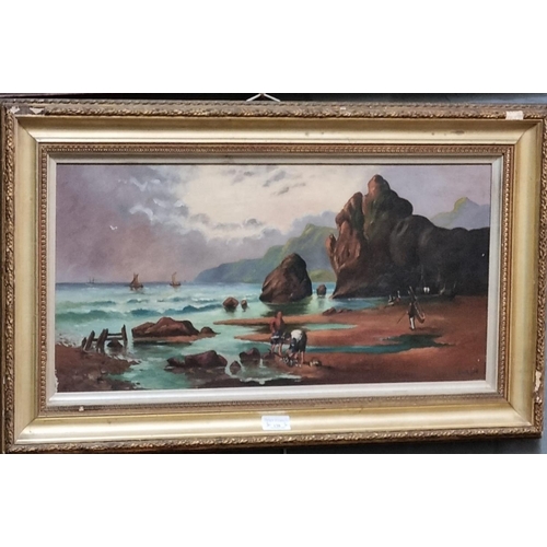 130 - H.M.S, a Gower beach with cocklers and fishing smacks, signed with initials, dated '06, oils on canv... 