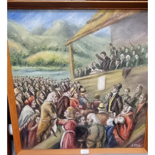 131 - J.J Cole, a Welsh preacher with large congregation, oils and pastels on canvas, signed. 59 x 57cm ap... 