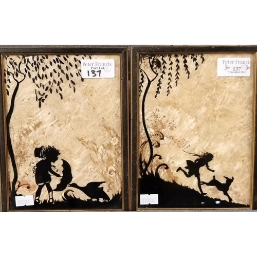 137 - Two framed silhouette pictures of  young children with animals. 18.5 x 13.5cm approx. Framed. (2)
(B... 