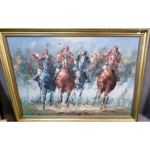 150 - Modern furnishing painting, horse racing scene, indistinctly signed, oils on board. 62 x 93cm approx... 