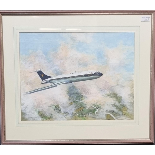 159 - John Hutchins, Vickers VC10 airliner in BOAC colours, signed and dated 1999, watercolours. 37 x 49cm... 