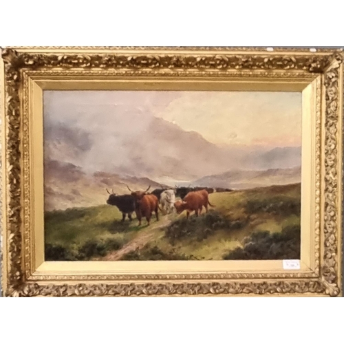 166 - Henry Robinson Hall (1859-1927), Highland cattle in a Scottish glen, signed, oils on canvas. 39 x 60... 