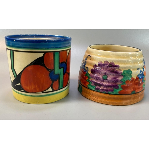 170 - Clarice Cliff Bizarre 'Gayday' design preserve jar and cover (the cover cracked in half). Together w... 