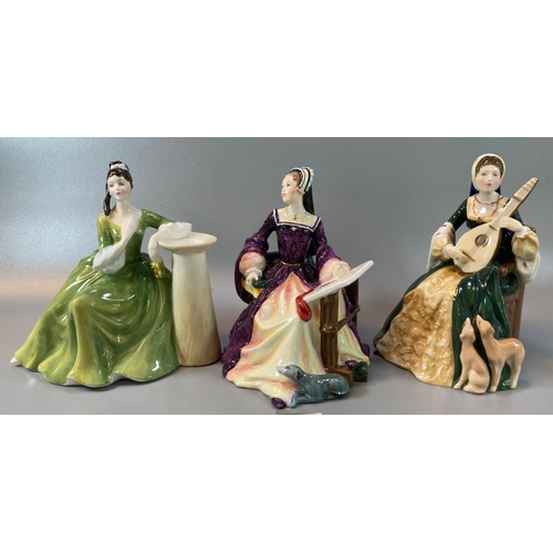 178 - Three Royal Doulton bone china figurines to include: 'Margaret Tudor' HN3838, 'Mary Tudor' HN3834 an... 