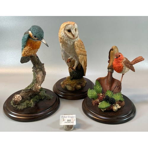 181 - Three Country Artists hand crafted sculptures of animals to include: barn owl, robin on trowel and k... 