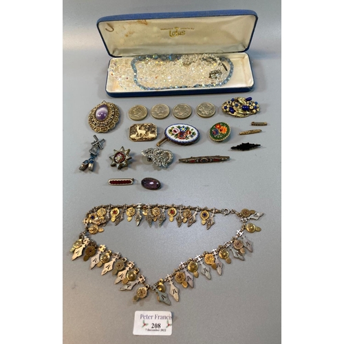 208 - Bag of assorted mainly costume jewellery, to include: necklaces, mosaic brooches, charms etc.  toget... 