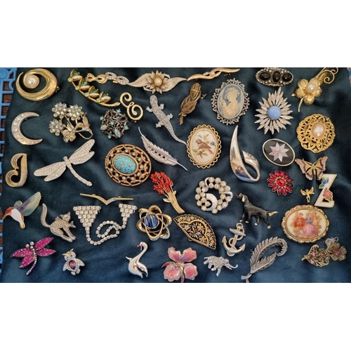 219 - Collection of vintage and other brooches, varying designs, including: animals, lizard, dog, cat, flo... 