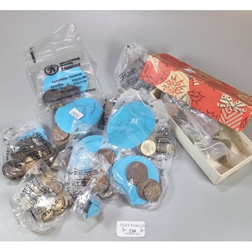 230 - Bag of assorted GB and Foreign coinage, to include: silver half crowns, silver florins, copper coina... 