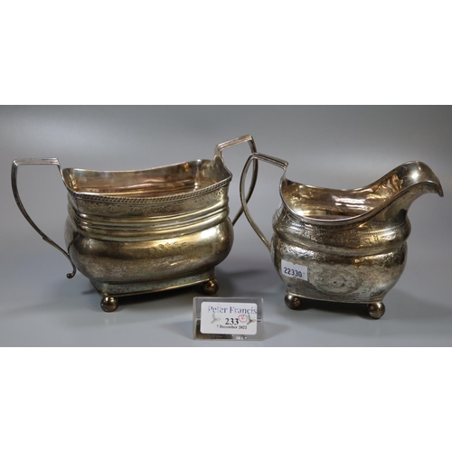 233 - Part 19th century silver tea service, to include: two handled sucrier and cream jug, both standing o... 