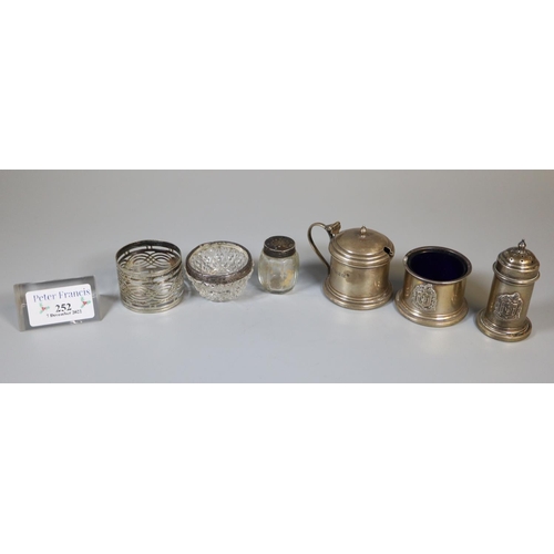 252 - Bag of silver items, to include: condiment set, marked 'God the only founder', silver rimmed and gla... 