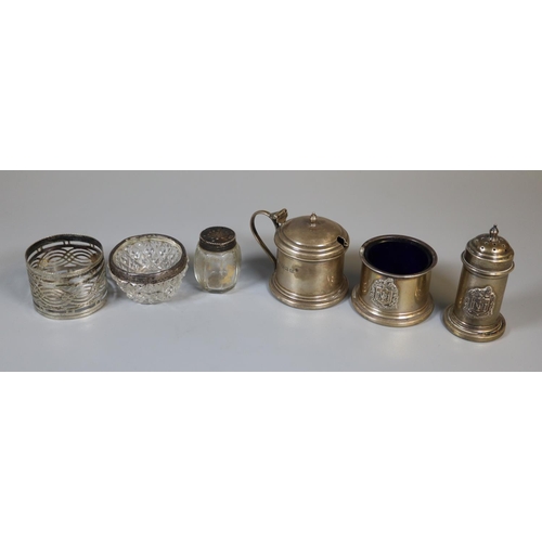 252 - Bag of silver items, to include: condiment set, marked 'God the only founder', silver rimmed and gla... 