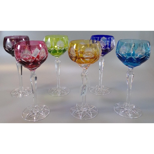 27 - Set of six flash cut multi-coloured hock glasses. Unmarked. (6)
(B.P. 21% + VAT)