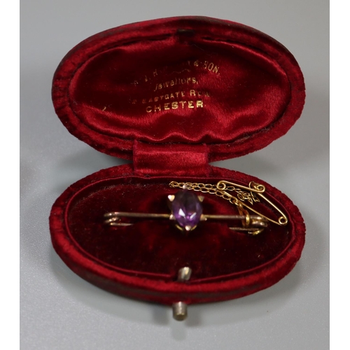 347 - Edwardian bar brooch set with an amethyst in fitted box.  (B.P. 21% + VAT)