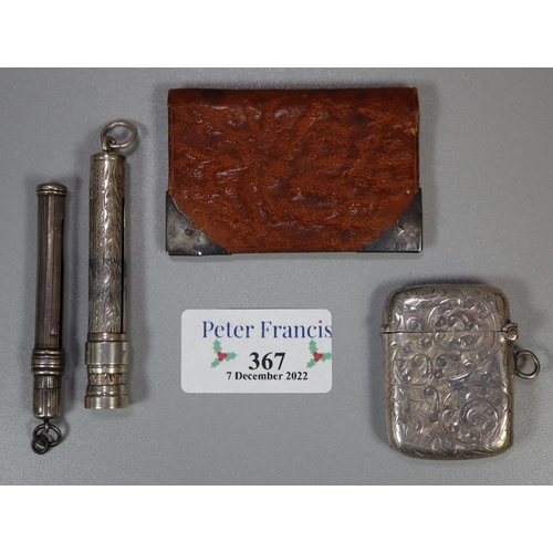 367 - Silver vesta case, two propelling pencil and miniature silver mounted wallet. 
(B.P. 21% + VAT)