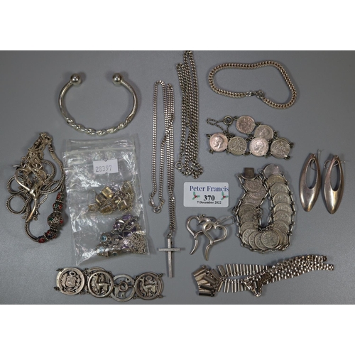 370 - Bag of assorted silver and other white metal jewellery items, coin, bracelet, torque etc. 
(B.P. 21%... 