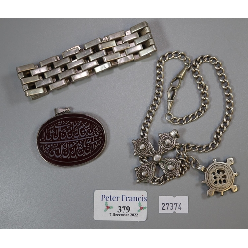 379 - Silver chain with two pendants, a silver gate bracelet, and a silver mounted hardstone pendant with ... 