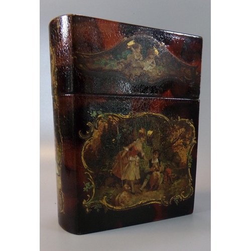 39 - Unusual lacquered box and cover in the form of a book, hand painted with 18th century figural scenes... 