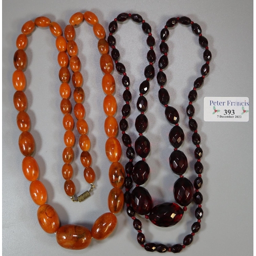 393 - A string of faceted prismatic red beads and a graduated string of orange beads. (2)
(B.P. 21% + VAT)