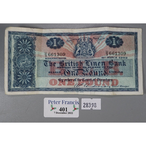 401 - Unusual 'The British Linen Bank' £1 note, AP.P Anderson General Manager, dated 31st March 1962 , Edi... 