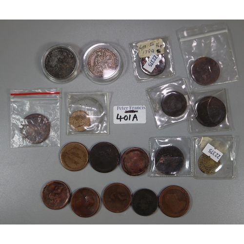 401A - Bag of assorted coins, tokens etc, mainly bronze; cartwheel ha'pennies etc. 
(B.P. 21% + VAT)