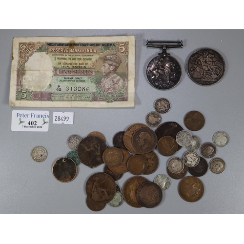 402 - Bag of assorted GB silver and copper coinage, 1914-18 War medal, Reserve bank of India 5 rupee note ... 