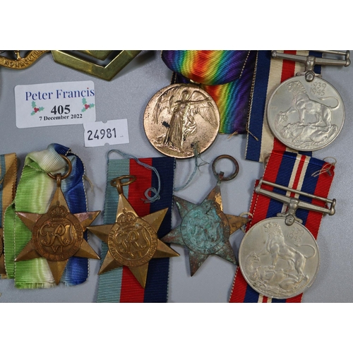 405 - Quantity of assorted military medals including: two dress miniature groups for First and Second Worl... 